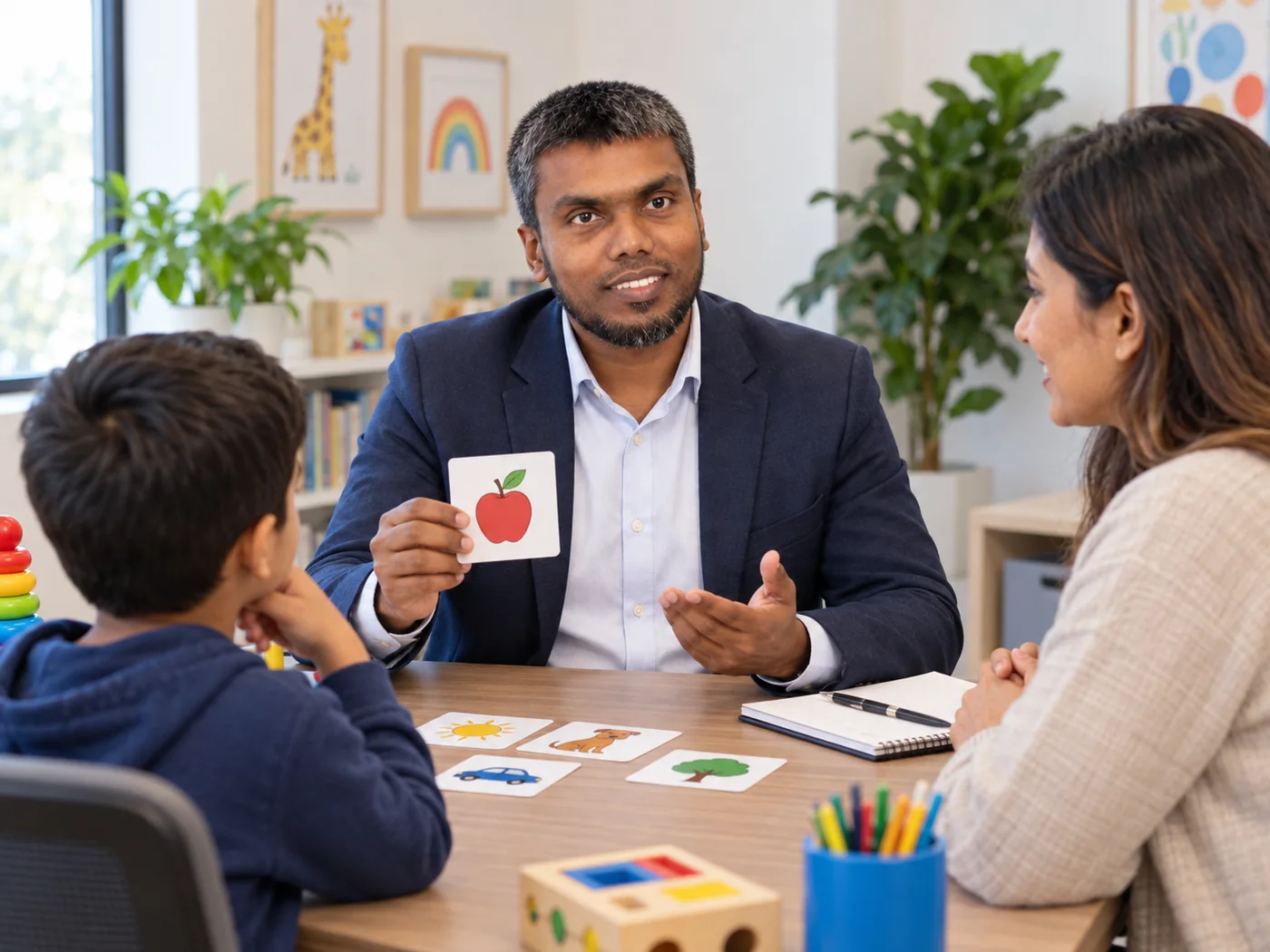 Speech-language therapy session with a child and caregiver